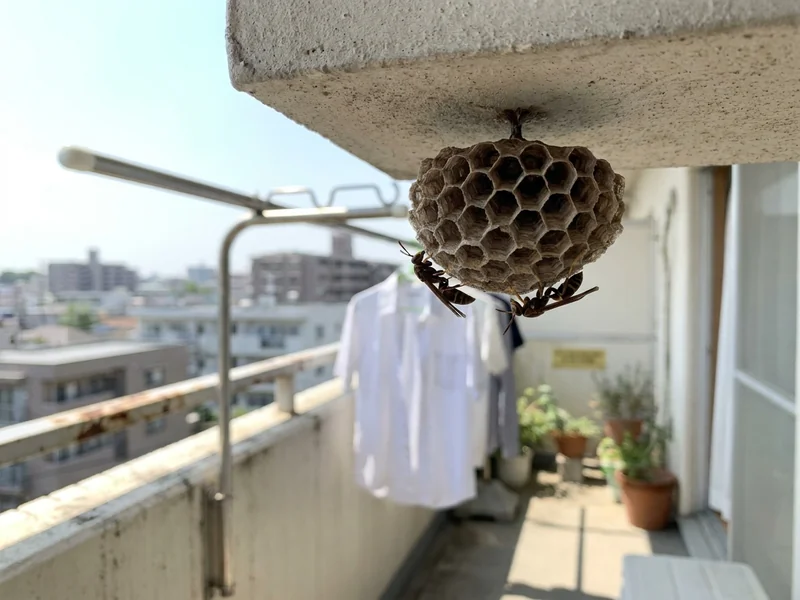 名古屋市中村区 物干し場そばのベランダ天井の巣を駆除