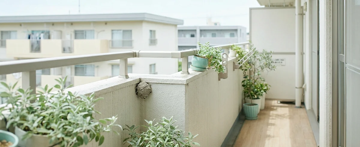 アパートのベランダの手すり下にできた蜂の巣