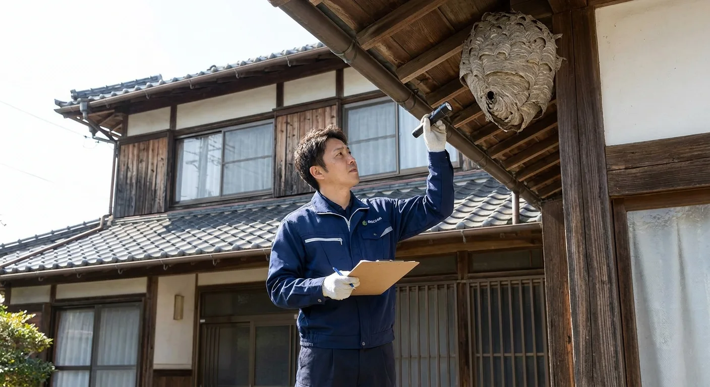 現地調査で蜂の巣を確認するスタッフ